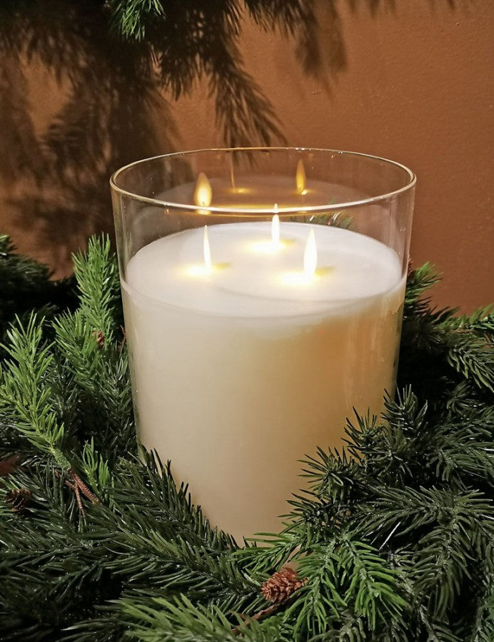 6x8 Flameless 3 Head Candle in Glass Pillar - Cream
